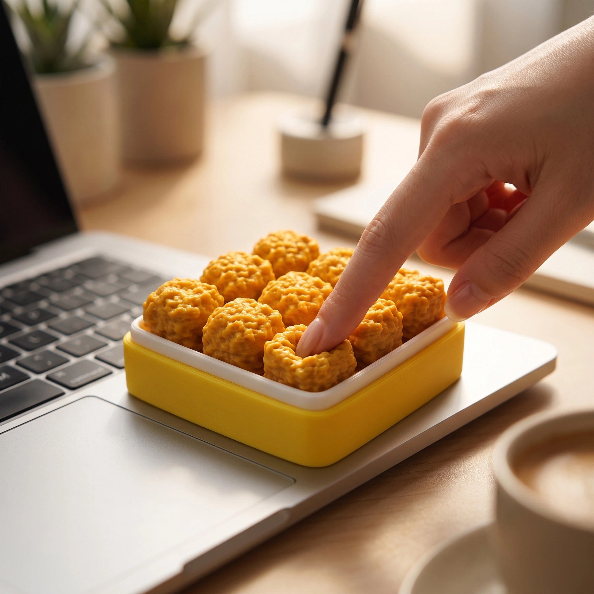 Hand pressing a popcorn chicken 3D printed clicker fidget